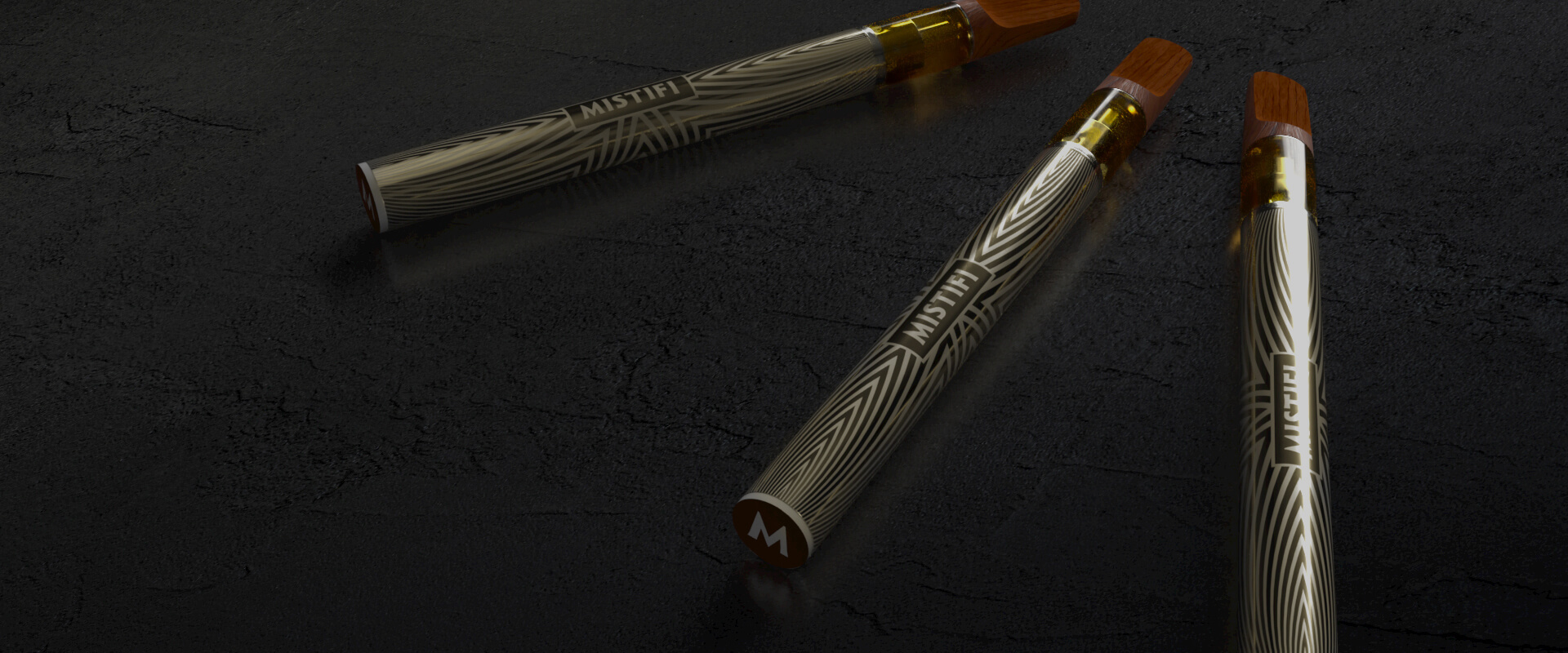 Three MISTIFI Premium Cannabis Vape Pens on dark background